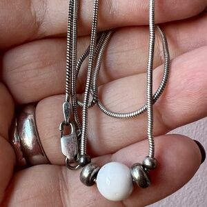 VINTAGE WHITE ONYX BEAD SNAKE CHAIN NECKLACE 925 STERLING SILVER MADE IN ITALY